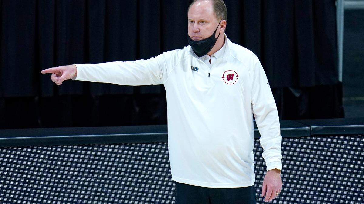 Wisconsin head coach Greg Gard gestures in the first half of an NCAA college basketball game against Iowa at the Big Ten Conference tournament in Indianapolis, Friday, March 12, 2021.