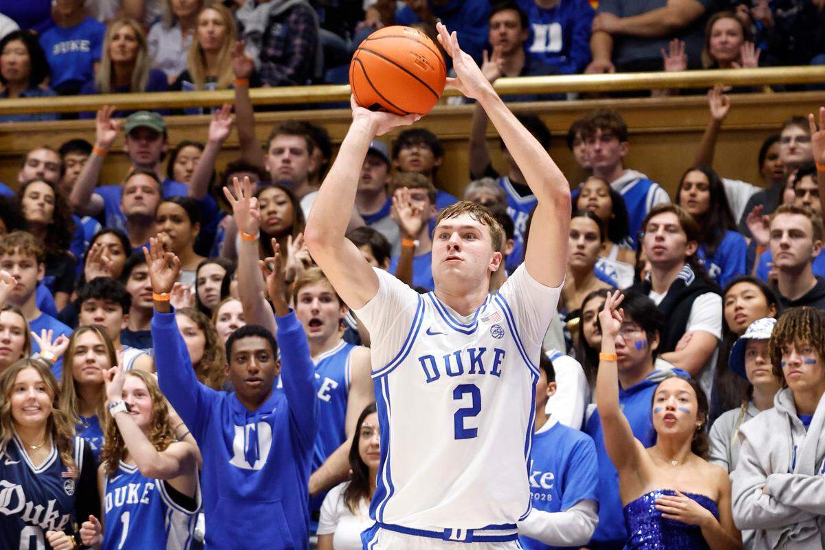 Duke’s Cooper Flagg (2) shoots a three-pointer during the first half of Duke’s game against Wofford at Cameron Indoor Stadium in Durham, N.C., Saturday, Nov. 16, 2024.