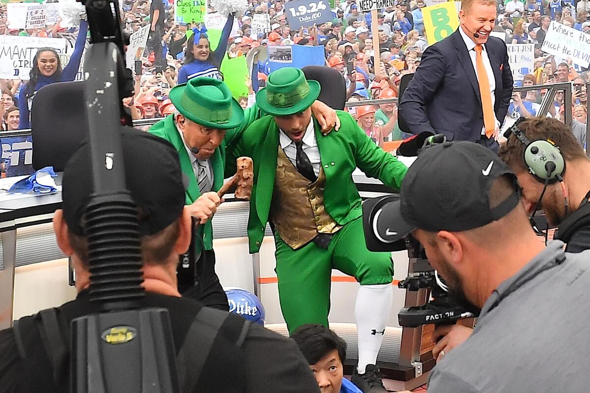 ESPN GameDay Analyst Lee Corso dances with the Notre Dame mascot predicting their victory over Duke in their game. ESPN’s College football pregame show, GameDay, was held at Duke University in Durham, N.C. on September 30, 2023.
