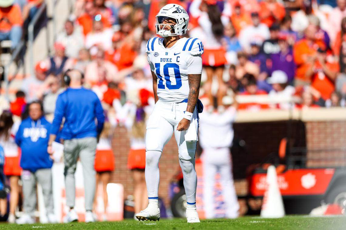 Darian Mensah of the Duke Blue Devils looks on during the first half of a football game against the Clemson Tigers at Memorial Stadium on November 01, 2025 in Clemson, South Carolina.