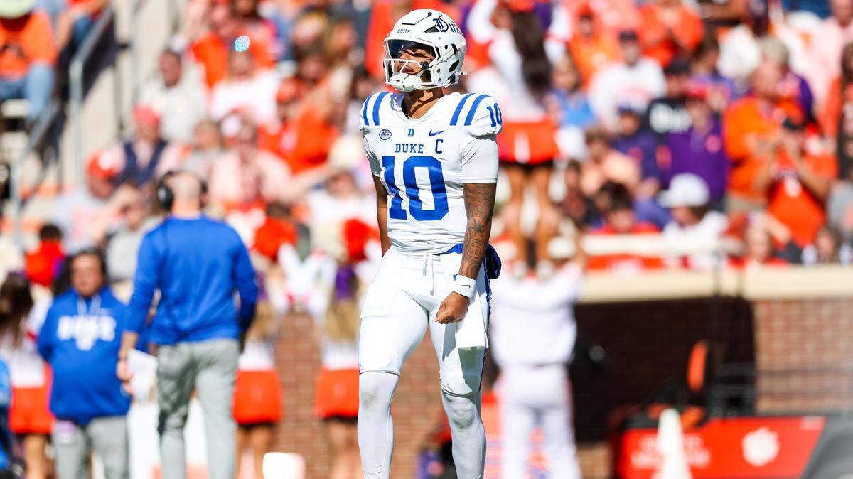 Darian Mensah of the Duke Blue Devils looks on during the first half of a football game against the Clemson Tigers at Memorial Stadium on November 01, 2025 in Clemson, South Carolina.