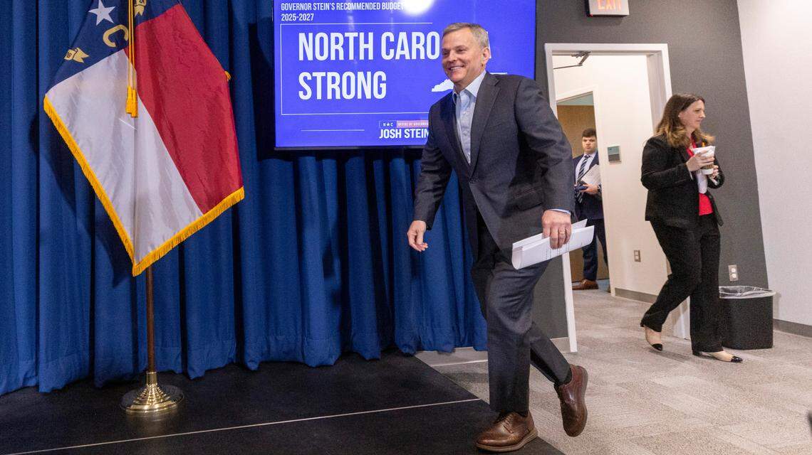 Gov. Josh Stein approaches the lectern to announce his 2025-27 state budget proposal during a press conference Wednesday, March 19, 2025, at the Albemarle Building in Raleigh.