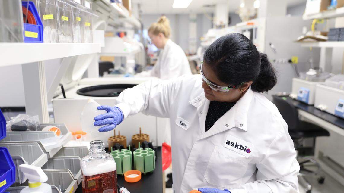 In this file photo, scientists work in an AskBio lab at Research Triangle Park. The company focuses on biotechnology and gene therapy.