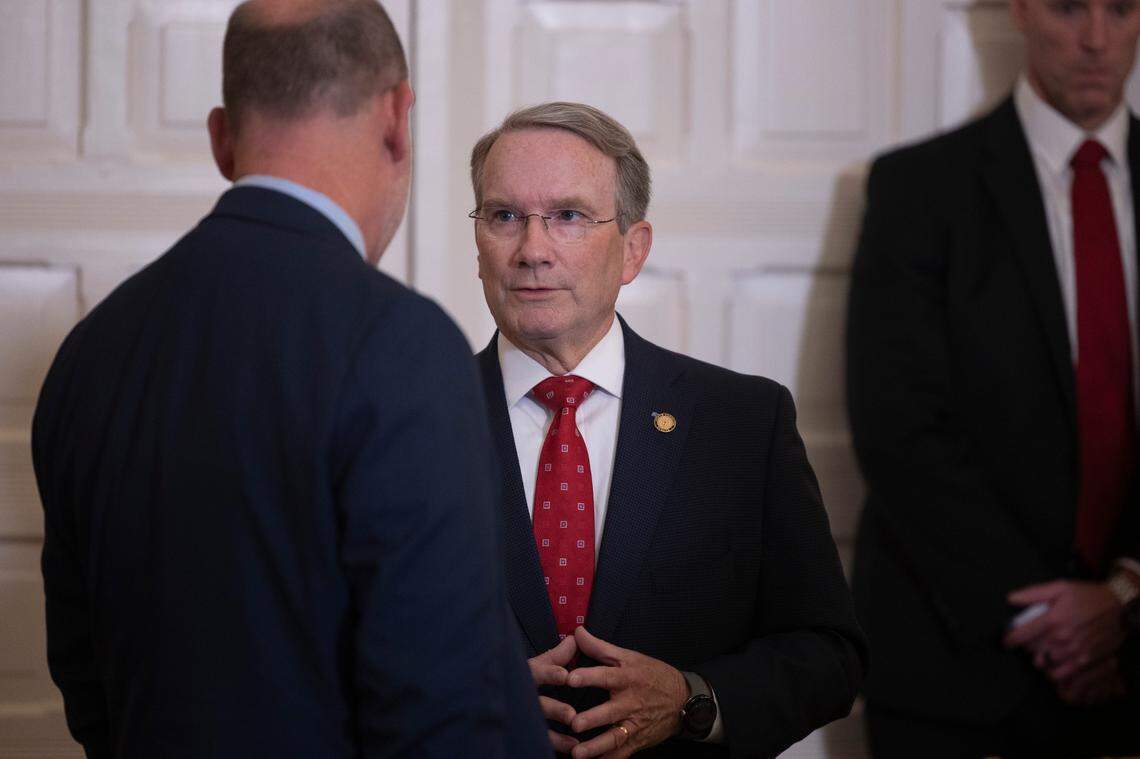 North Carolina Senate Majority Leader Paul Newton talks with guests prior to a luncheon in honor of Japanese Prime Minister Fumio Kishida on Friday, April 12, 2024 at the Executive Mansion in Raleigh, N.C.