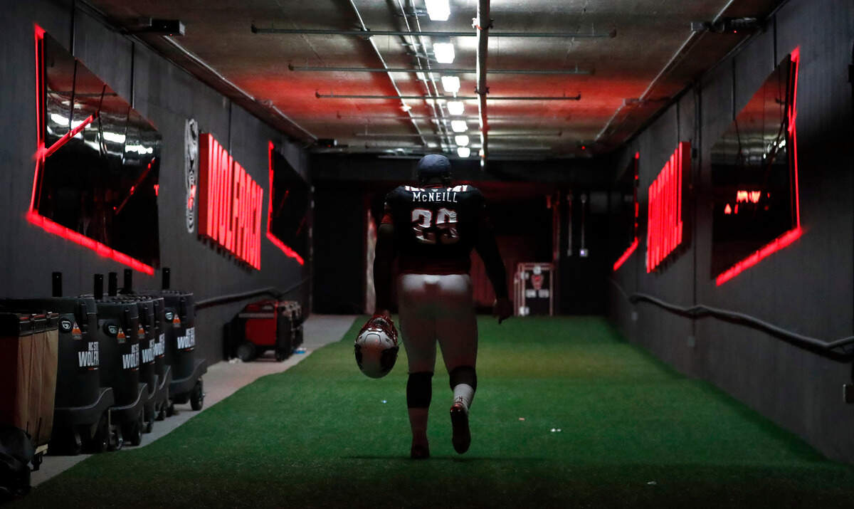N.C. State defensive tackle Alim McNeill (29) heads up the tunnel after his final game at Carter-Finley Stadium after N.C. State’s 23-13 victory over Georgia Tech in Raleigh, N.C., Saturday, Dec. 5, 2020.