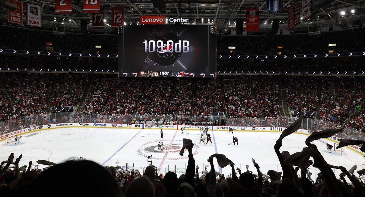 The decibels hit 109 after Carolina scored in the first period of the Hurricanes’ game against the Golden Knights in the first game of the Stanley Cup Final at the Lenovo Center in Raleigh, N.C., Tuesday, June 2, 2026.