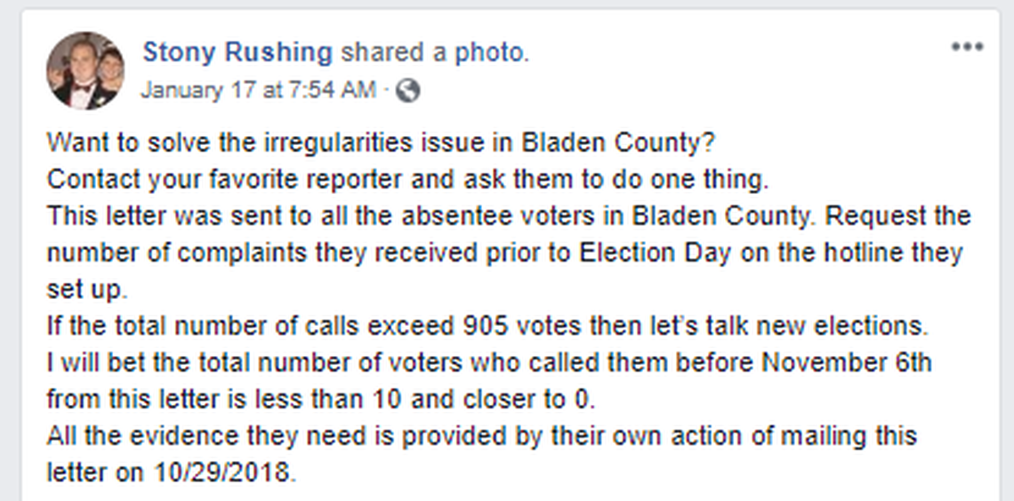 A post on the Facebook page of Union County commissioner Stony Rushing