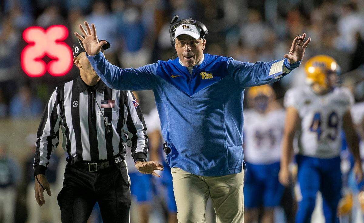 Pitt coach Pat Narduzzi reacts to a roughing the kicker penalty in the first quarter against North Carolina on Saturday, October 29, 2022 at Kenan Stadium in Chapel Hill, N.C.