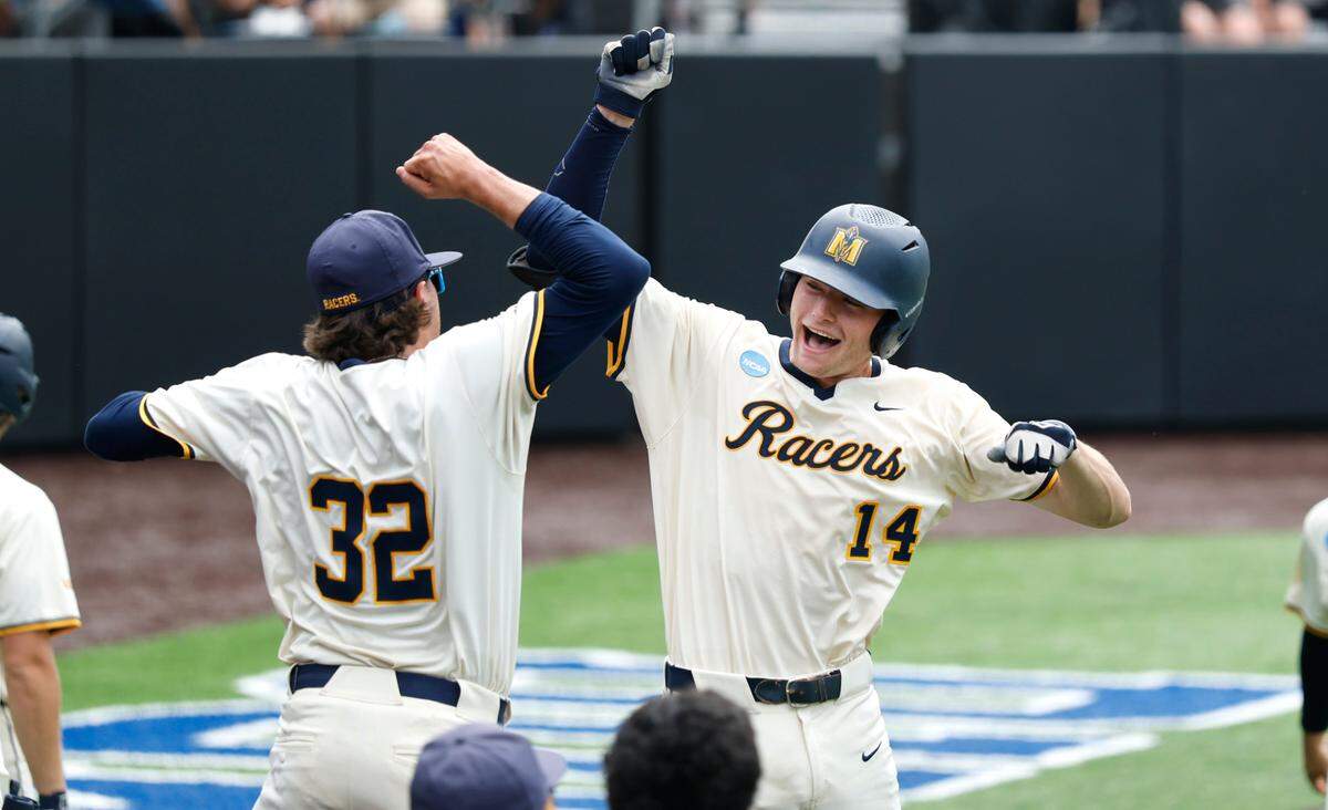 Murray State’s Conner Cunningham (14) celebrates with Isaac Silva after hitting a two-run home run in the seventh inning during Murray State’s 19-9 victory over Duke in the second game of Durham Super Regional at Jack Coombs Field in Durham, N.C., Sunday, June 8, 2025.