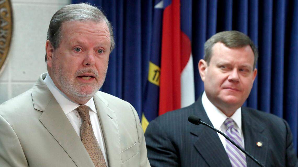 N.C. Senate President Pro Tem Phil Berger, left, and N.C. House Speaker Tim Moore talk during a news conference at the Legislative Building in Raleigh, N.C., Thursday, May 17, 2018. They talked about proposed changes to economic-development incentives.
