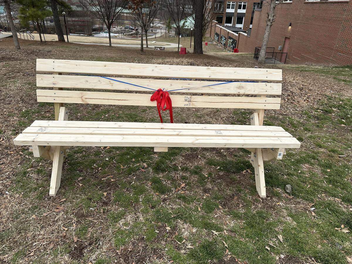 This simple wooden bench was made by volunteers and placed at a GoDurham bus stop on Rigsbee Avenue next to Durham Central Park by the community group Bike Durham on Wednesday, Feb. 4, 2026.