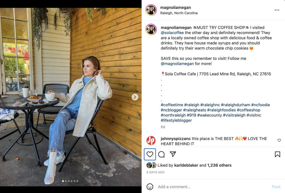 Megan Pintell, @magnoliamegan on Instagram, posts on fashion, style, food, restaurants, real estate and lifestyle.