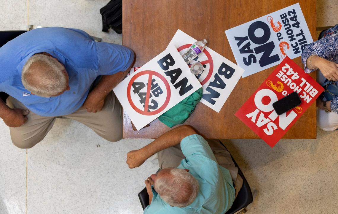 Hundreds of people associated with the fishing industry, filled the halls of the North Carolina General Assembly, on Tuesday, June 24, 2025 in Raleigh, N.C. They came in opposition to HB 442, legislation that would prohibit shrimp trawling in all inshore fishing waters and within one-half mile of the shoreline.