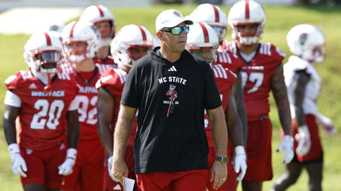 N.C. State head coach Dave Doeren watches during the Wolfpack’s first fall practice Wednesday, July 30, 2025.