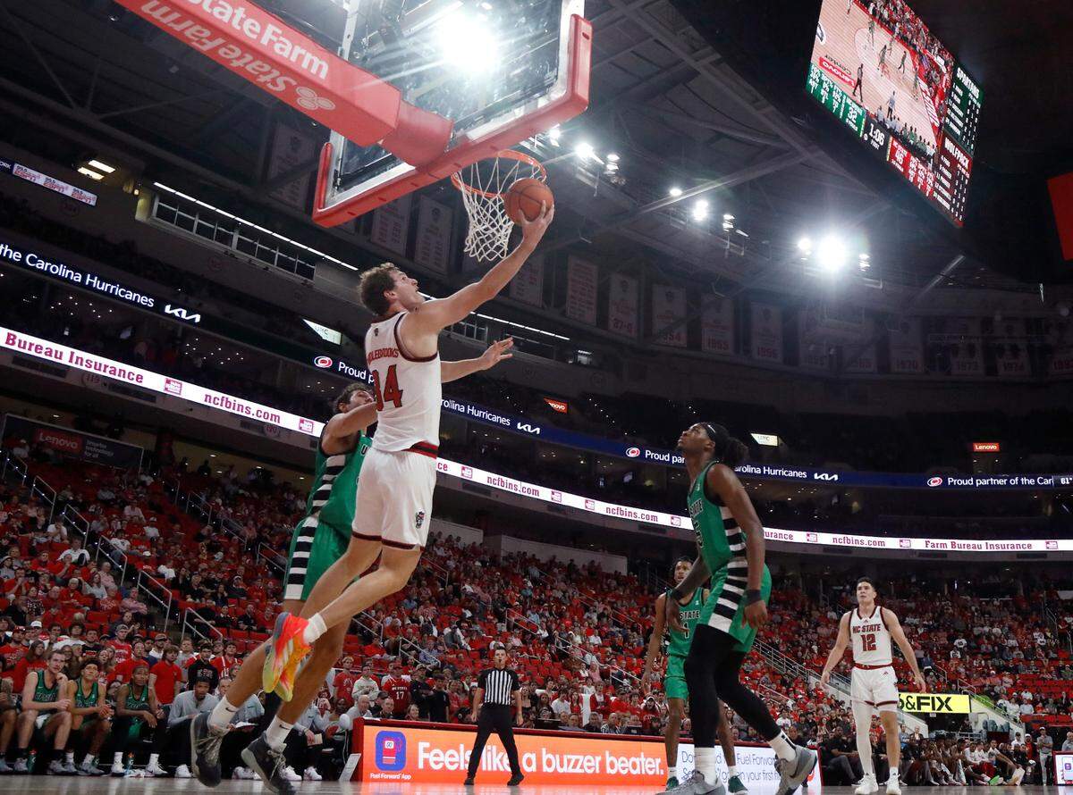 N.C. State’s Ben Middlebrooks drives to the basket during the first half of the Wolfpack’s 97-66 win over USC Upstate on Monday, Nov. 4, 2024, at the Lenovo Center in Raleigh, N.C.