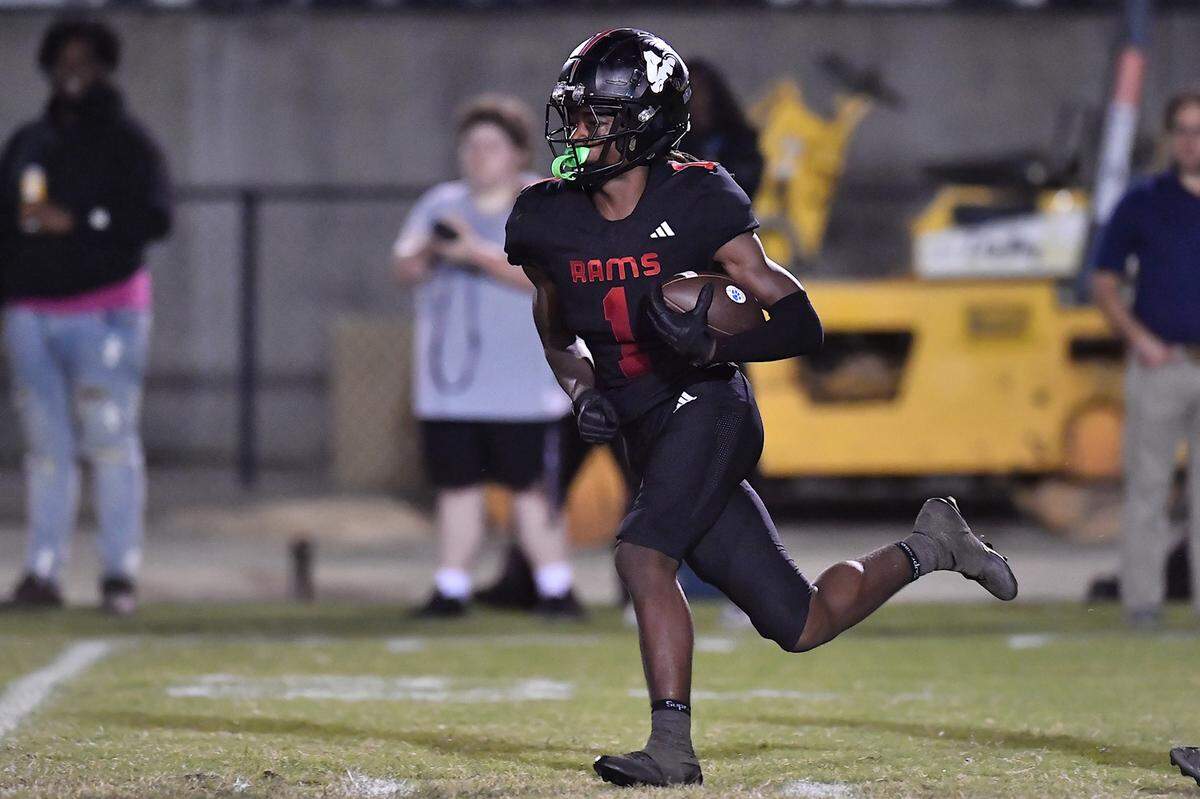 Rolesville wide receiver Kailen Johnson (1) runs back the kickoff return against Millbrook during the first half. The Millbrook Wildcats and the Rolesville Rams met in a conference football game in Rolesville, N.C. September 26, 2025