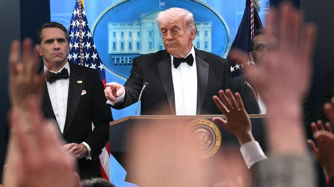President Donald Trump takes questions during a news briefing in the White House briefing room in Washington, shortly after a shooting incident at the White House Correspondents' Dinner on Saturday.