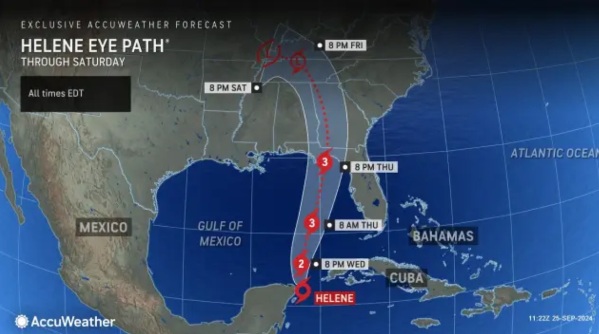 AccuWeather’s model shows Tropical Storm Helene’s path heading from the Yucatan Peninsula toward Florida, reaching the United States on Thursday, Sept. 25.
