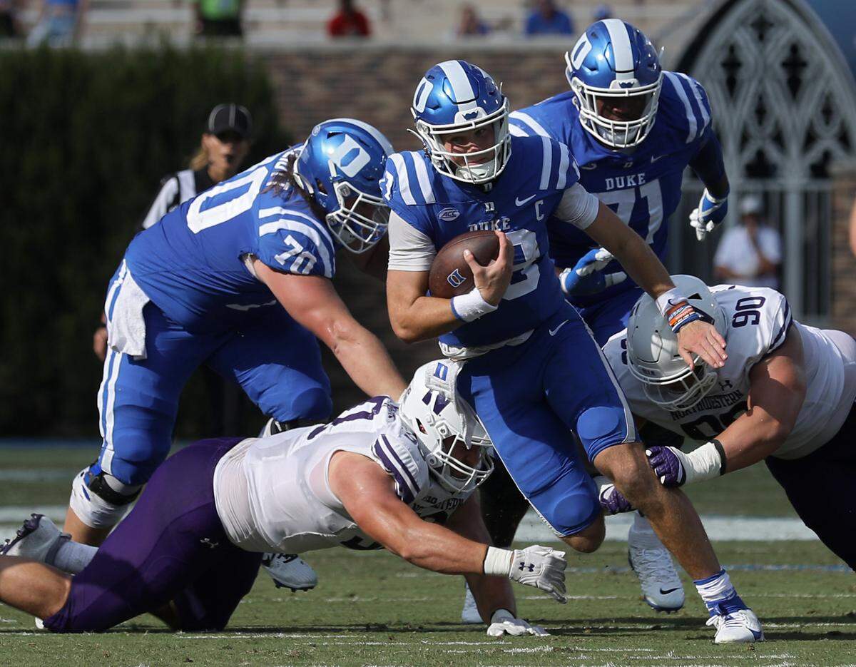Duke’s Riley Leonard runs the ball during the first half of the Blue Devils’ 38-14 win over Northwestern on Saturday, Sept. 16, 2023, at Wallace Wade Stadium in Durham, N.C.