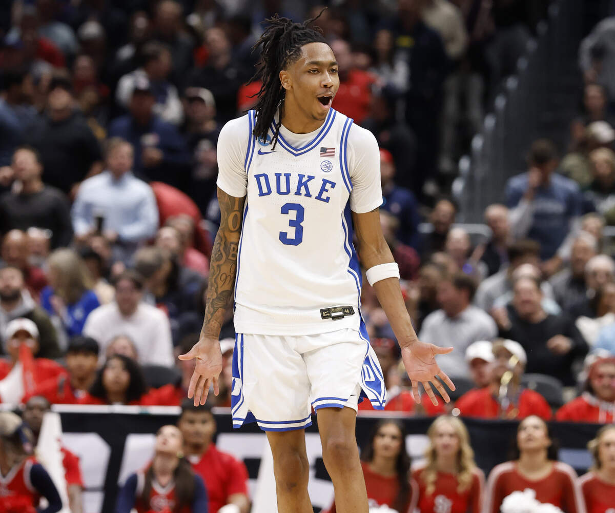 Duke’s Isaiah Evans (3) celebrates making a three-pointer during the second half of Duke’s 80-75 victory over St. John’s in the Sweet 16 of the NCAA Men’s Basketball East Regional at Capital One Arena in Washington, D.C., Friday, March 27, 2026.