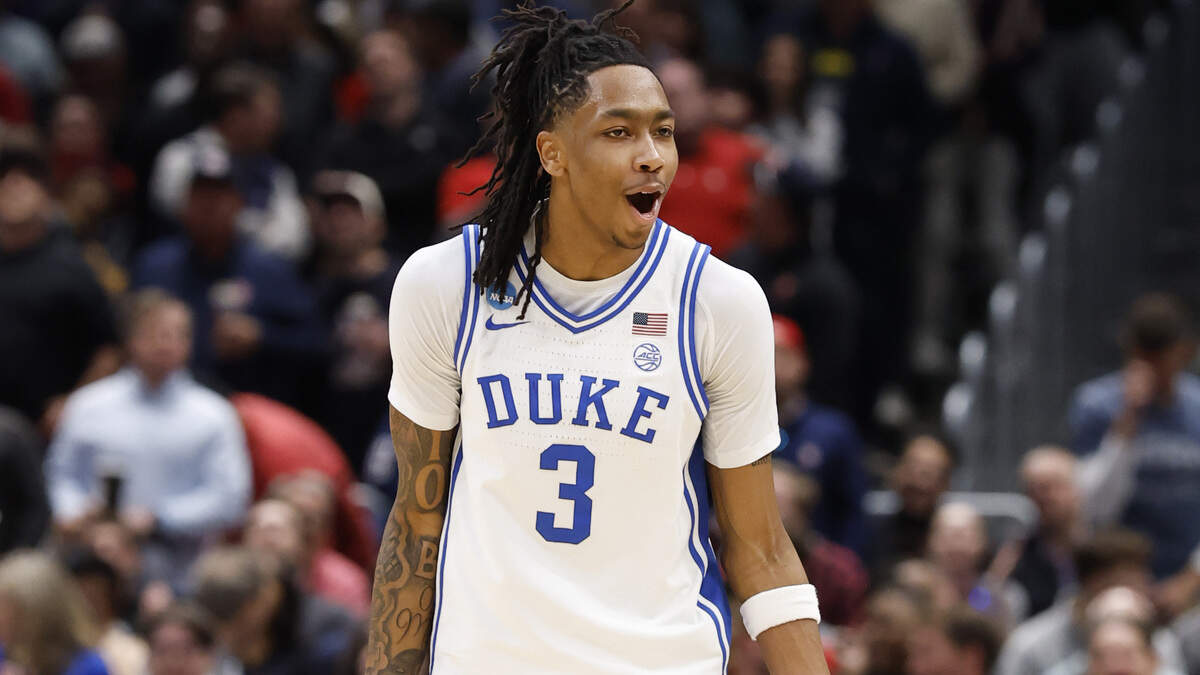 Duke’s Isaiah Evans (3) celebrates making a three-pointer during the second half of Duke’s 80-75 victory over St. John’s in the Sweet 16 of the NCAA Men’s Basketball East Regional at Capital One Arena in Washington, D.C., Friday, March 27, 2026.