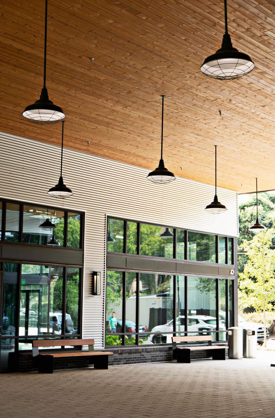 Smoky Hollow, a mixed-use district in downtown Raleigh, has several outdoor gathering areas around open restaurant and retail spaces.