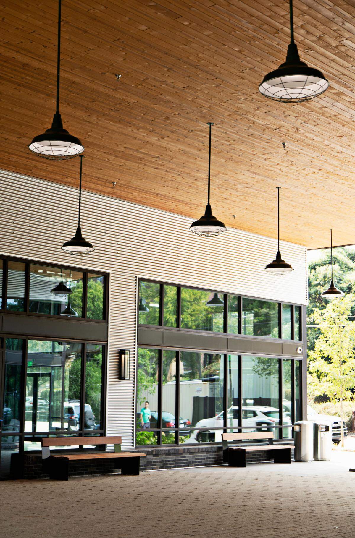 Smoky Hollow, a mixed-use district in downtown Raleigh, has several outdoor gathering areas around open restaurant and retail spaces.
