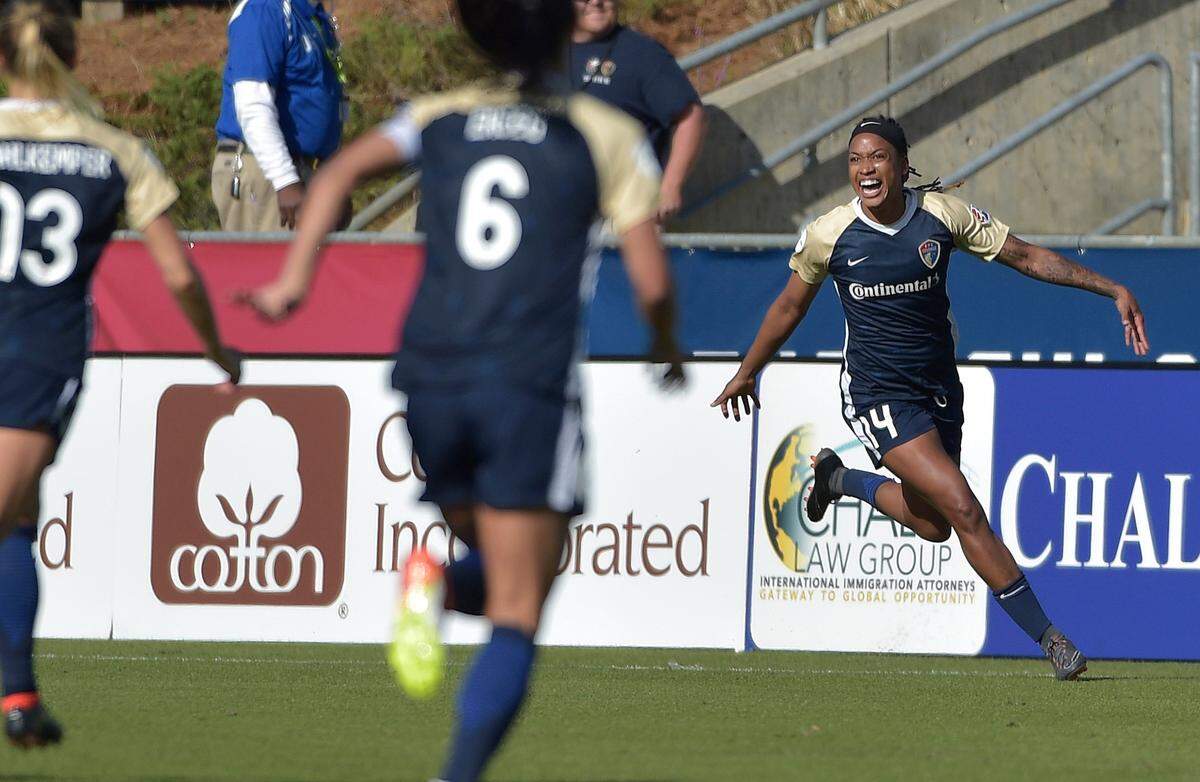 The Courage’s Jessica McDonald celebrates after scoring in a match between the North Carolina Courage and Sky Blue FC at WakeMed Soccer Park in March 2018.