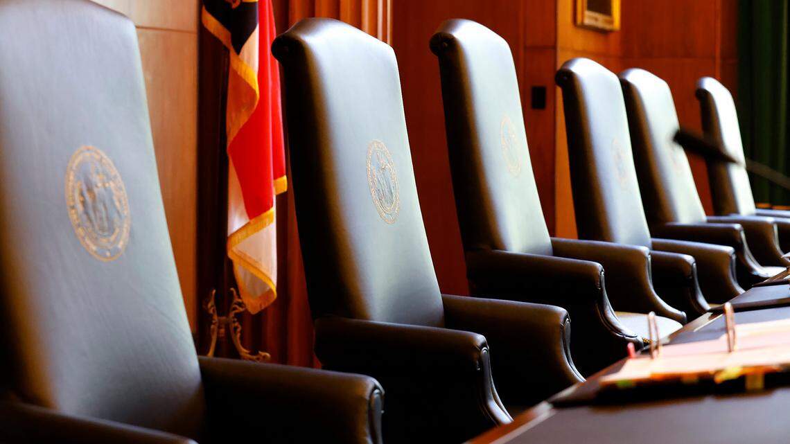 Justice’s chairs are seen in the the N.C. State Supreme Court courtroom at the Justice Building in Raleigh, N.C., Monday, May 9, 2022.