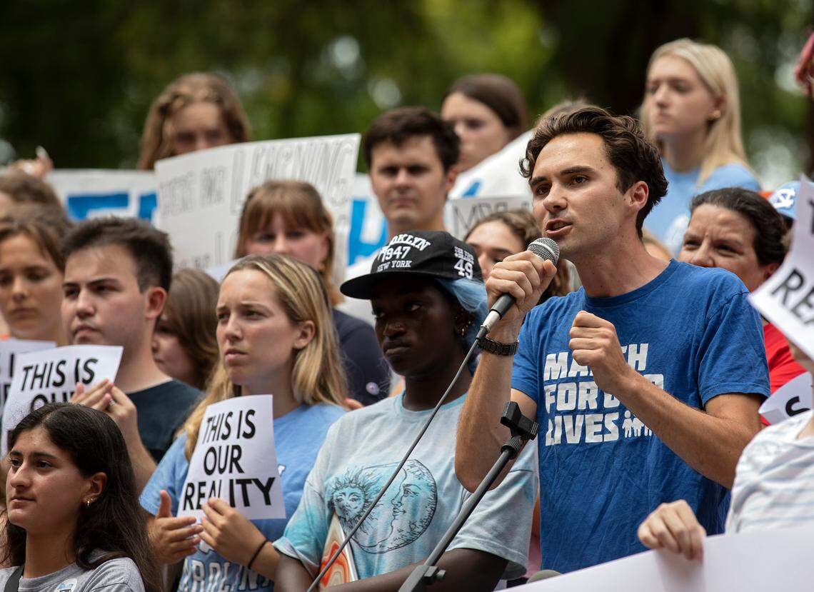 David Hogg, a survivor of a mass shooting at Marjory Stoneman Douglas High School in Parkland, Fla., speaks during a student-led rally at UNC-Chapel Hill in support of gun control on Wednesday, Aug. 30, 2023. A graduate student has been charged with first-degree murder following a Monday shooting that left a faculty member dead on the university’s campus.
