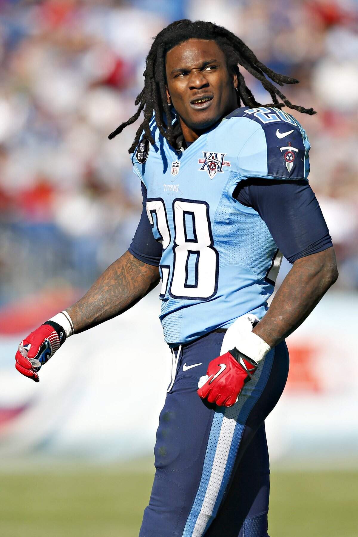 Chris Johnson #28 of the Tennessee Titans photographed during a game against the Houston Texans at LP Field on December 29, 2013 in Nashville, Tennessee.