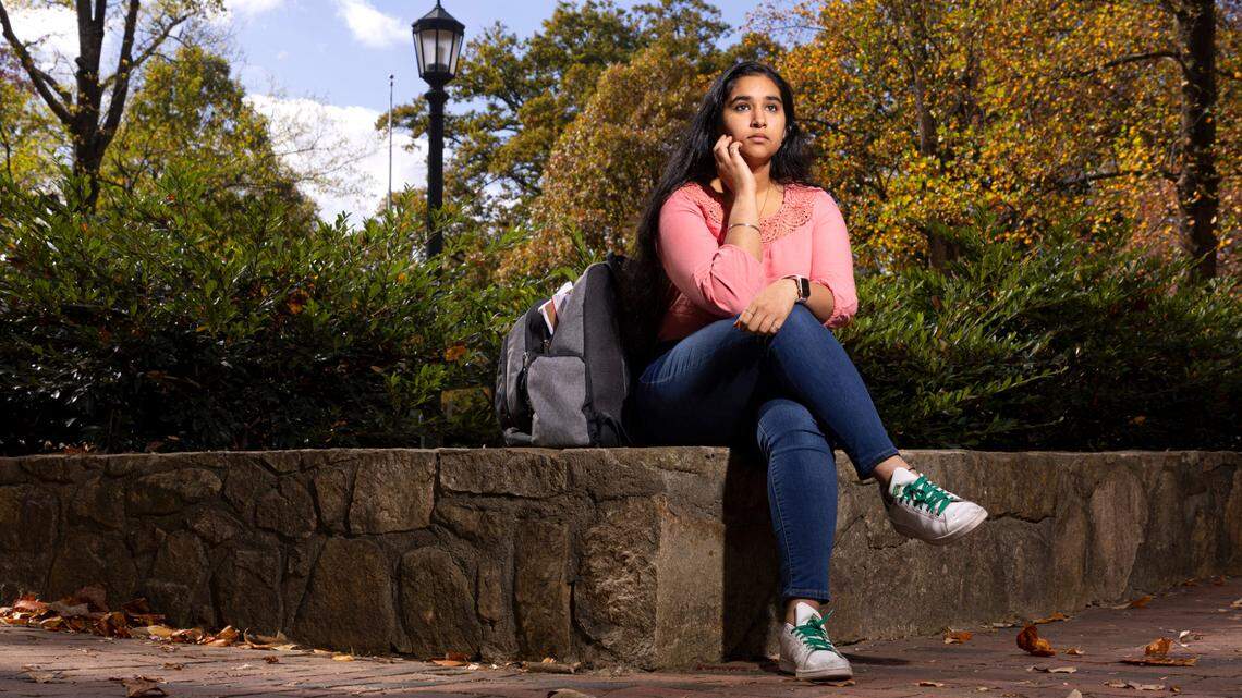 Shristi Sharma, a sophomore at UNC, poses on campus in Chapel Hill, N.C., Wednesday, Nov. 9, 2022.