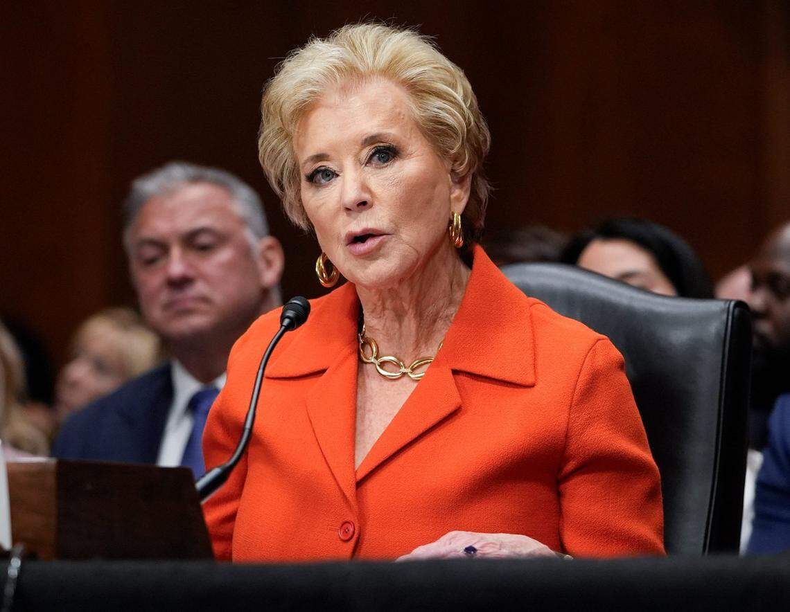 Linda McMahon, President Donald Trump's nominee for Secretary of Education, testifies in a confirmation hearing before the Senate Committee on Health, Education, Labor and Pensions on Feb. 13, 2025 in Washington. McMahon served as head of the U.S. Small Business Administration during Donald Trump's first presidential administration and was CEO of World Wrestling Entertainment.
