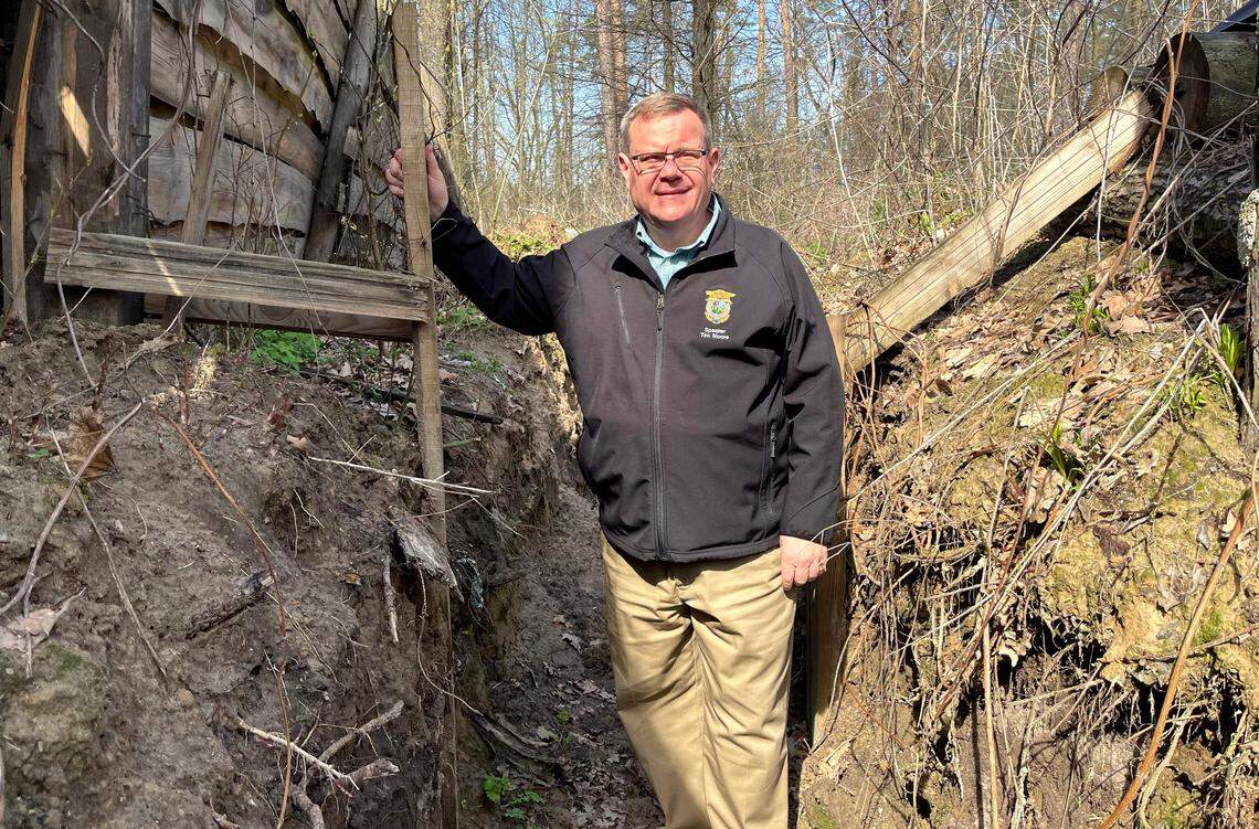 House Speaker Tim Moore stands in a trench he says was used by Ukrainian forces in their war against Russia. Speaker Moore spent his break from the legislature visiting Kiev, Ukraine.