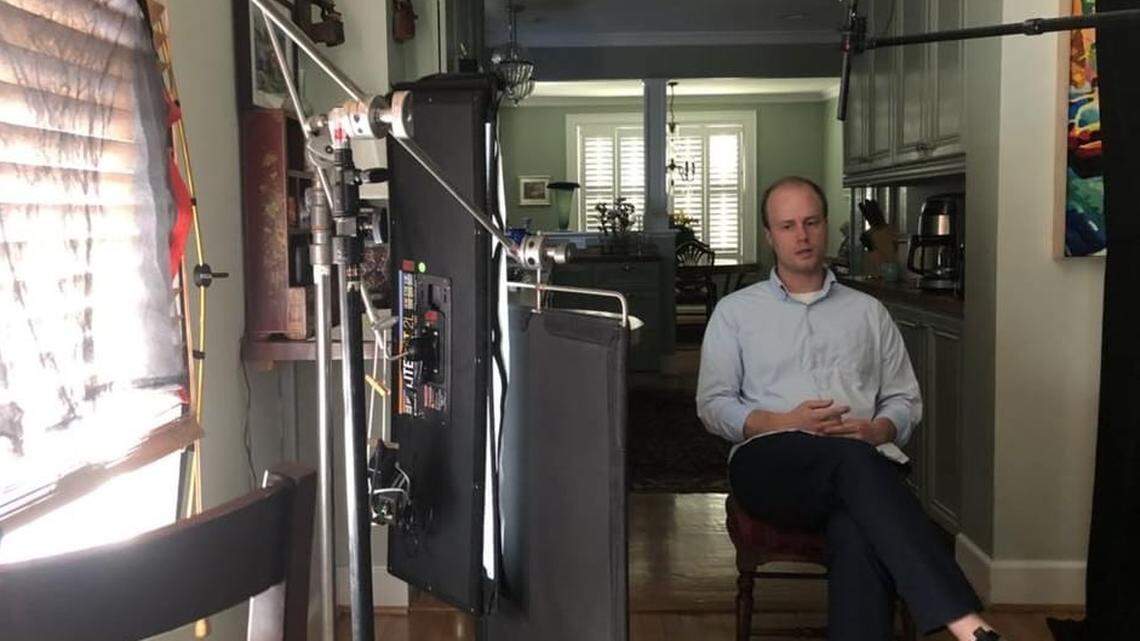 Seth Crossno being interviewed in his mother’s Raleigh home for the Netflix documentary “Fyre.” Crossno is known on social media media as the fictional William Needham Finley IV, a satirical character designed to poke fun at social media influencers.