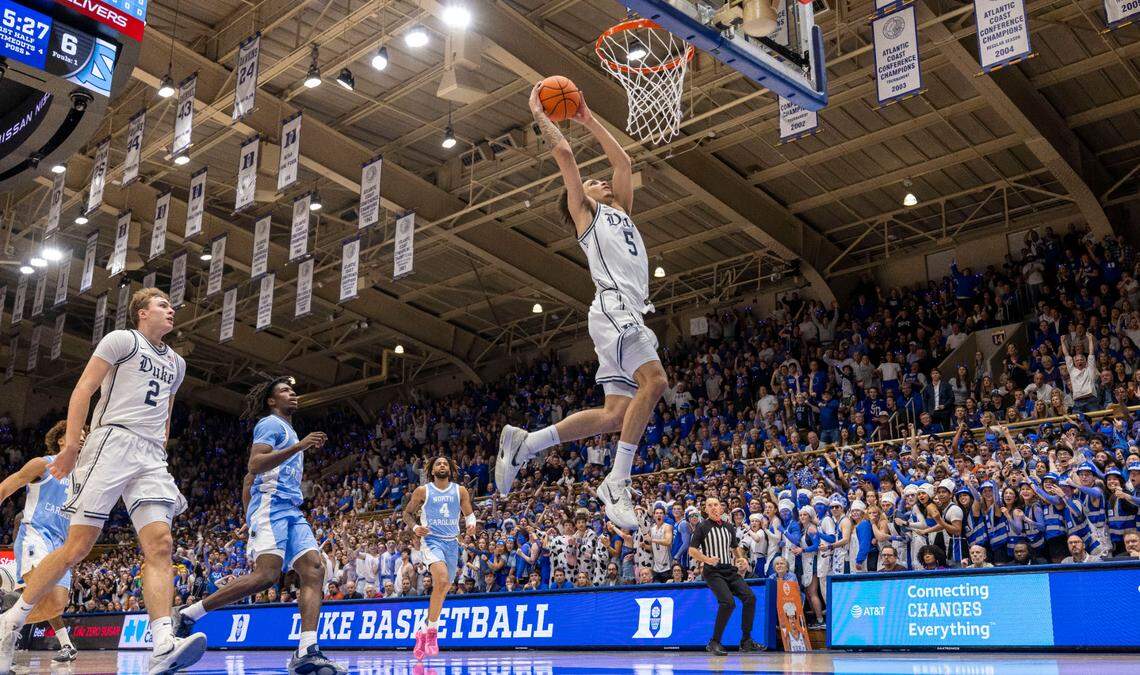 Duke guard Tyrese Proctor (5) breaks to the basket for a dunk in the first half against North Carolina on Saturday, February 1, 2025 at Cameron Indoor Stadium in Durham, N.C.