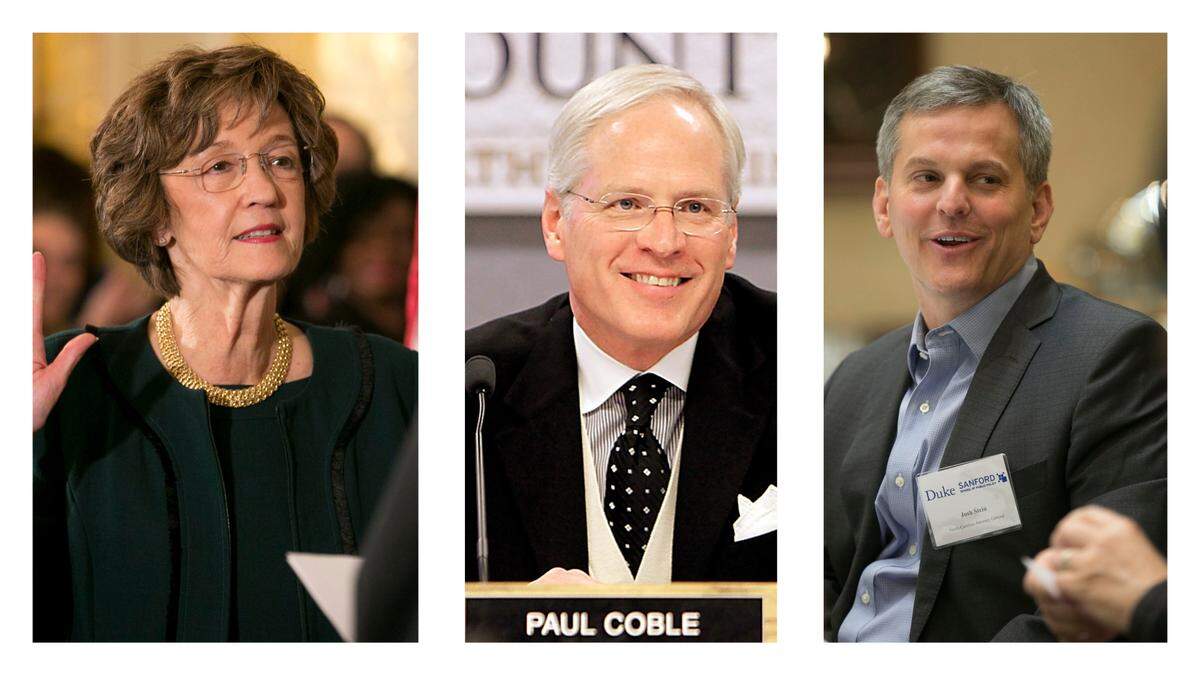 The Constitutional Amendments Publication Commission consists of, from left, Secretary of State Elaine Marshall, a Democrat, Legislative Services Officer Paul Coble, a Republican, and Attorney General Josh Stein, a Democrat.