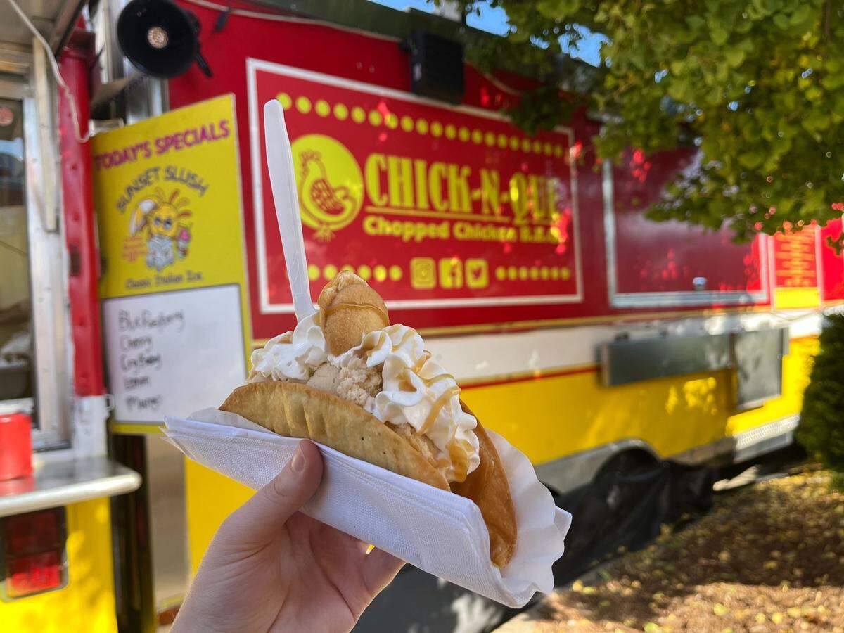 A banana pudding taco from the Chick-N-Que food stand at the NC State Fair on Oct. 18, 2022.