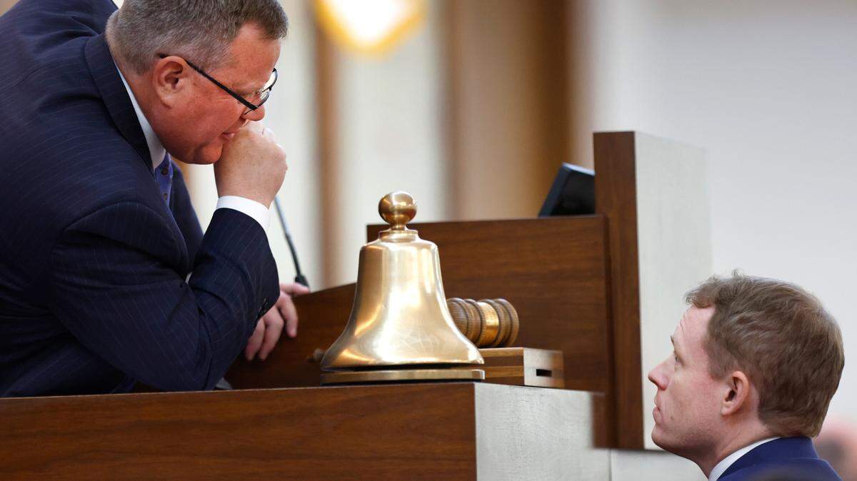 House Speaker Tim Moore talks with Rep. Destin Hall during session in the N.C. House in Raleigh, N.C., Tuesday, June 11, 2024.