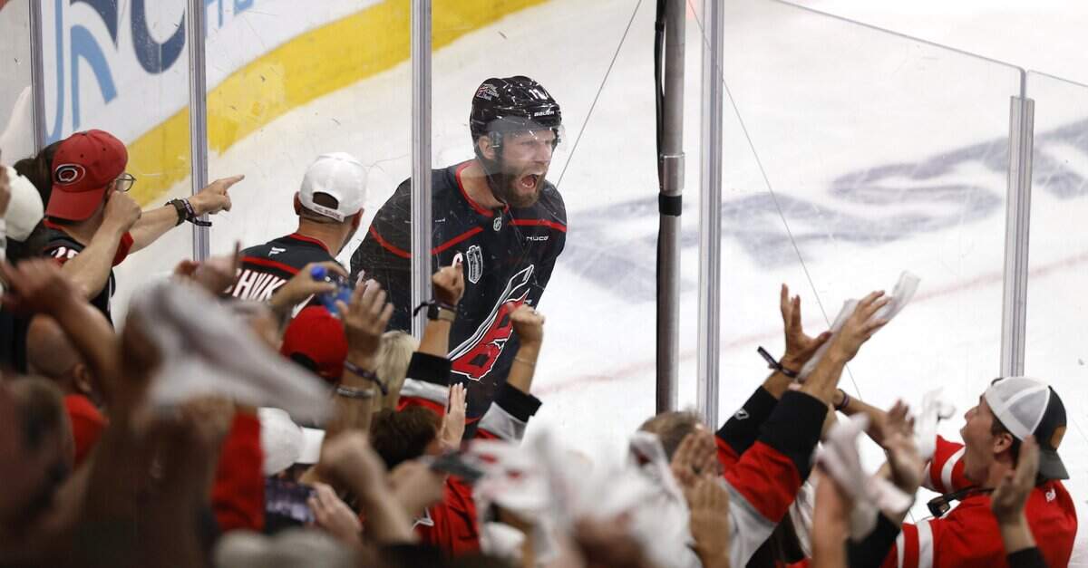 Carolina's Jordan Staal (11) celebrates after scoring in the first period of the Hurricanes’ game against the Golden Knights in the fifth game of the Stanley Cup Final at the Lenovo Center in Raleigh, N.C., Thursday, June 11, 2026.