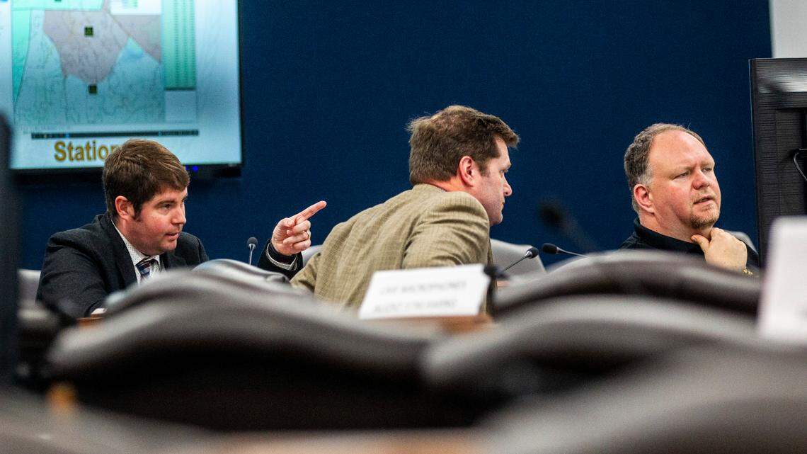 Sen. Ralph Hise, R-Mitchell, who leads the redistricting committee, right, works with advisors to create redistricting maps Thursday, Oct. 7, 2021 at the Legislative Office Building in Raleigh. North Carolina legislators have started drawing the political maps that, pending any legal challenges, will be used in every election for the U.S. House of Representatives and N.C. General Assembly for the next decade.