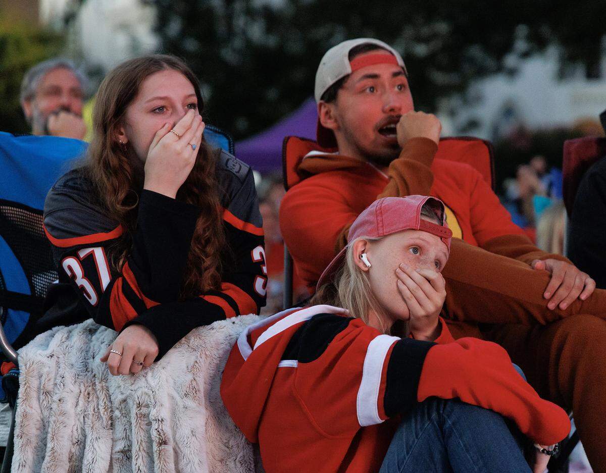 People react while watching the first period of the Carolina Hurricanes’ matchup against the Vegas Golden Knights during a watch party for game 2 of the Stanley Cup Final on Thursday, June 4, 2026, in Raleigh, N.C. 