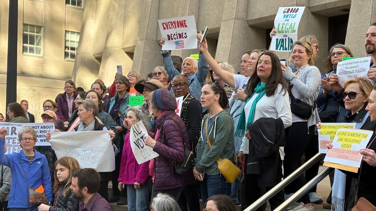 Dozens of North Carolina voters protest Jefferson Griffin’s challenge of 60,000 votes, on the Wake County Courthouse steps in Raleigh, N.C. ahead of a Superior Court hearing Friday, February 7, 2025.