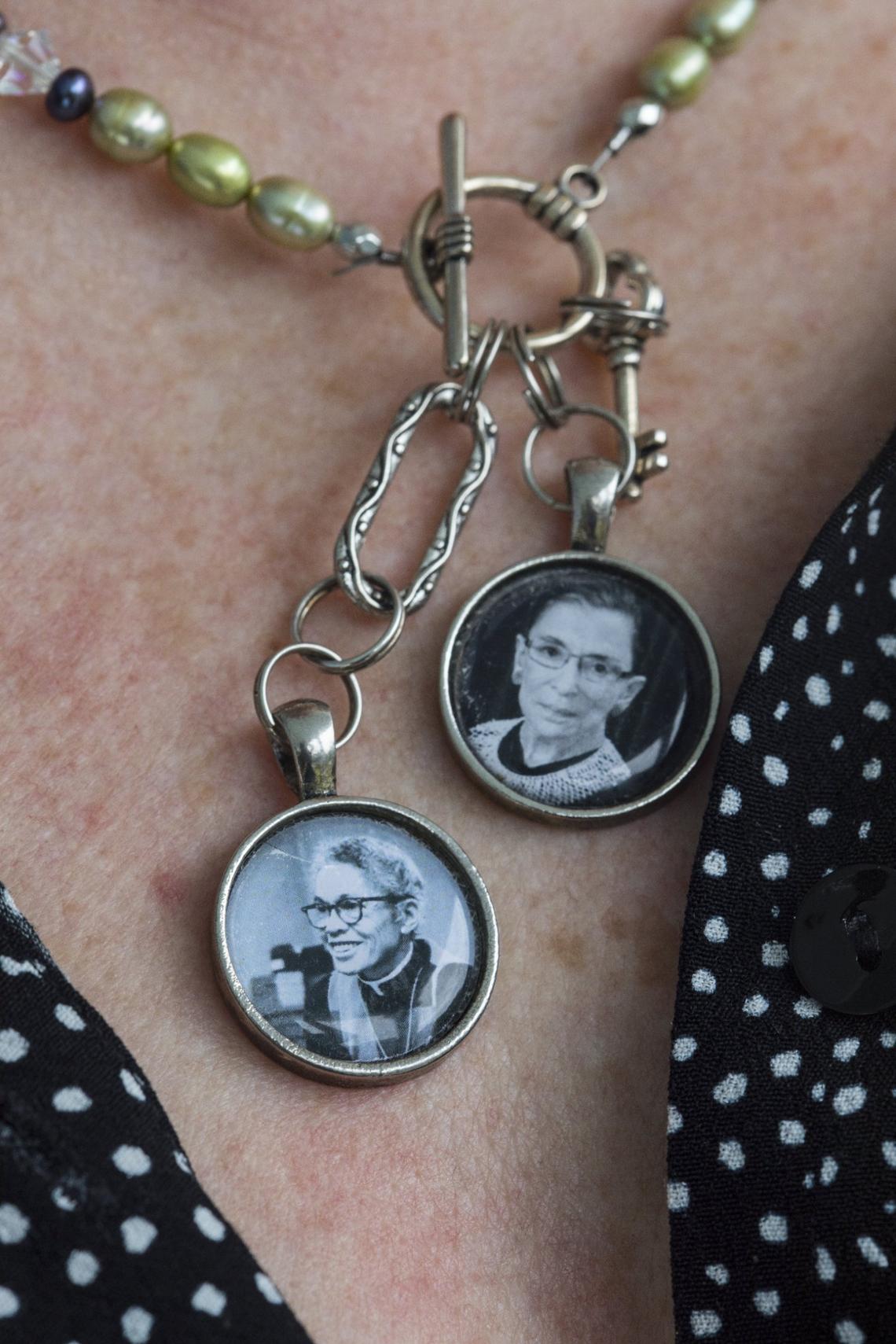 Barbara Lau wears a necklace with images of Pauli Murray and Ruth Bader Ginsburg, pictured here on Tuesday, Sept. 21, 2021 at the Pauli Murray Center for History and Social Justice in Durham, N.C.