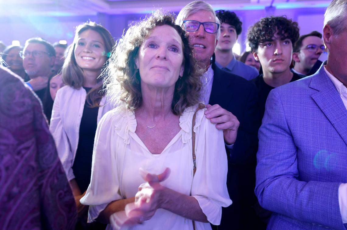 Gerda Stein, governor-elect Josh Stein’s sister, watches as Josh speaks during a North Carolina Democratic Party election night event at the Marriott City Center in Raleigh, N.C., Tuesday, Nov. 5, 2024.