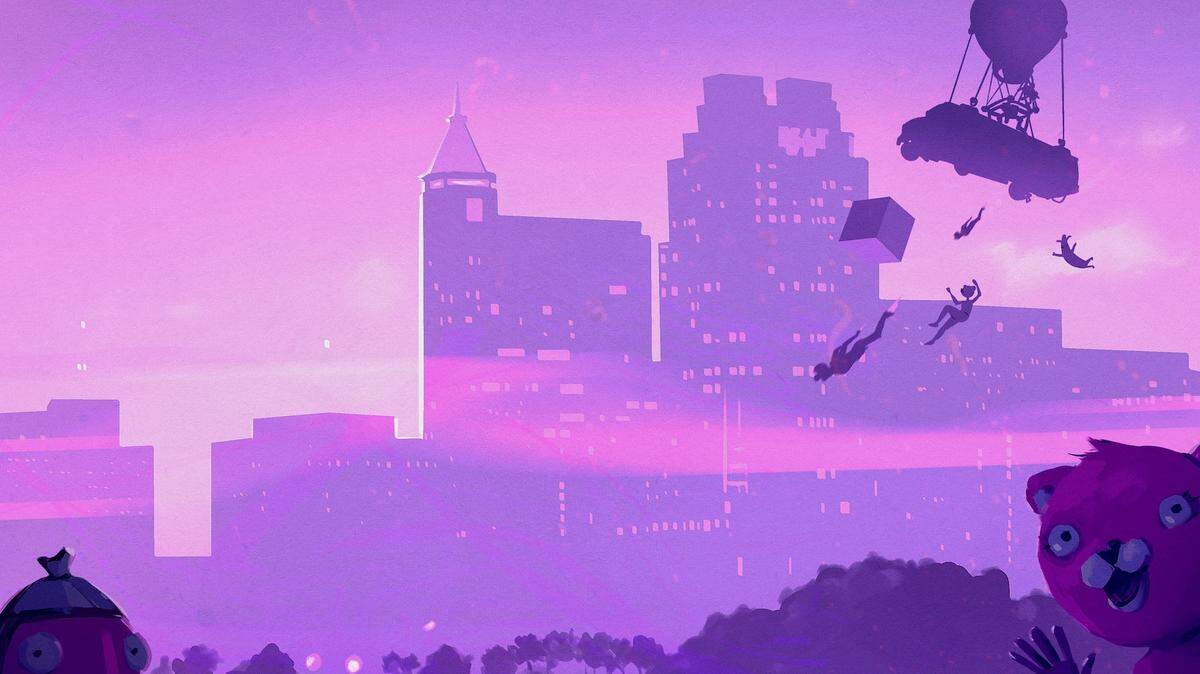 Illustration of Raleigh skyline peppered with Fortnite character silhouettes