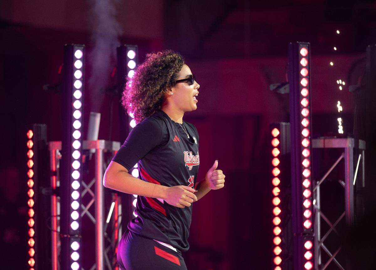 N.C. State’s Madison Hayes is introduced during the Primetime with the Pack preseason event on Friday, Oct. 25, 2024, at Reynolds Coliseum in Raleigh, N.C.