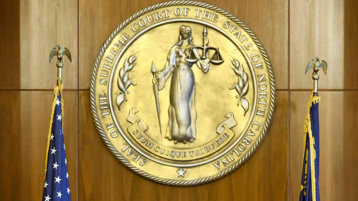 The seal of the Supreme Court of North Carolina in the Justice Building in Raleigh. Republicans on the court have rejected a request from Gov. Josh Stein to put elections board appointments on hold while a lawsuit proceeds. File photo.