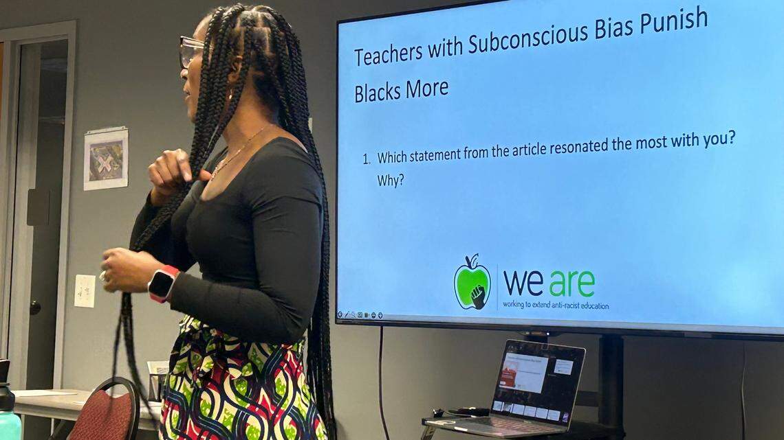 Ronda Taylor Bullock, executive director of the group we are, leads an implicit bias workshop for the Wake County school board on Nov. 16, 2023 in Cary, N.C.