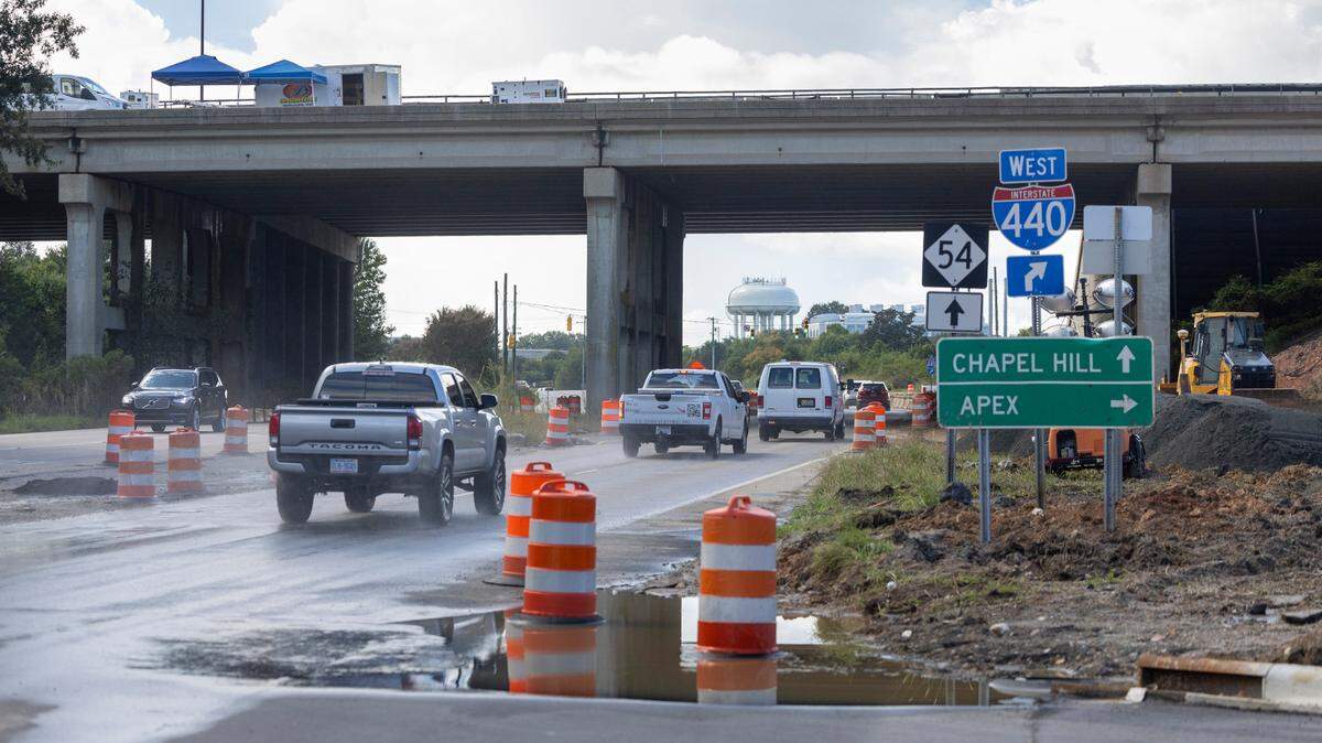 The Interstate 440/Raleigh Beltline bridge that crosses Hillsborough Street will be demolished over the weekend. Photographed on Thursday, Sept. 19, 2024, the bridge opened to traffic in 1958. Traffic was shifted to the new adjacent bridge earlier this month to make way for demolition.
